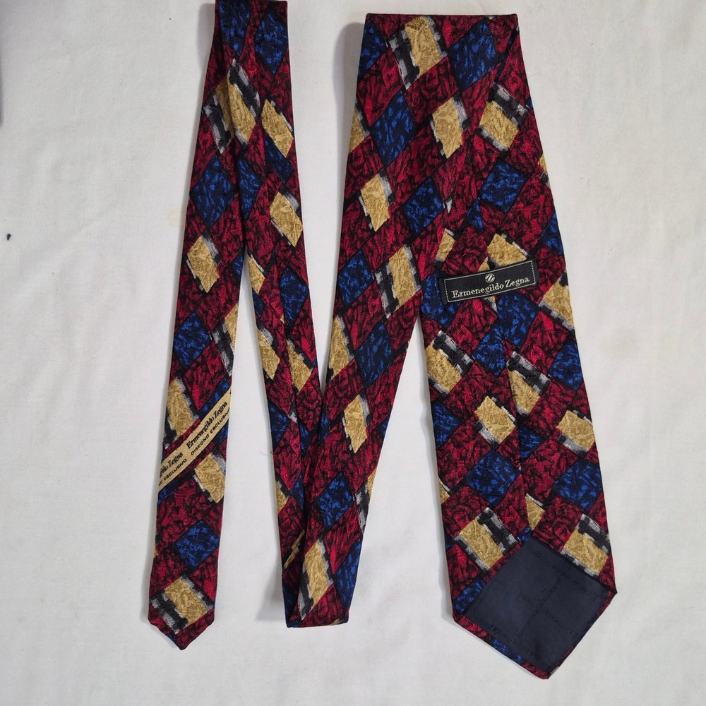 Ermenegildo Zegna Tie Mens Red Blue Geometric Abstract Silk Necktie Italy Office - Picture 3 of 9